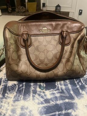 Coach Brown Signature Satchel with Leather Trim and Gold Hardware